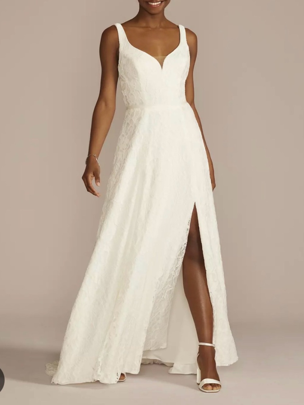 David's Bridal Ivory Lace A-Line Wedding Dress with Side Slit